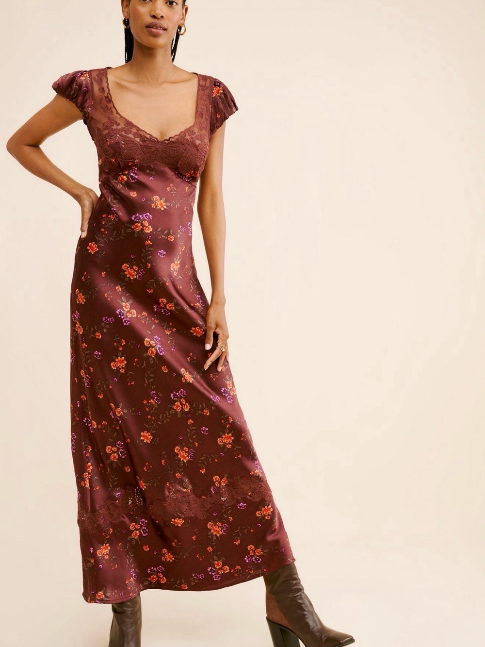 Free People Butterfly Babe Brown Floral Satin Maxi Dress with Lace Trim